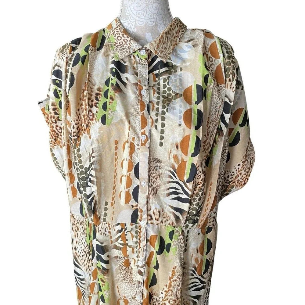 Safari Animal Print Maxi Shirt Dress Size 3X Zebra Cheetah Boho Button Front